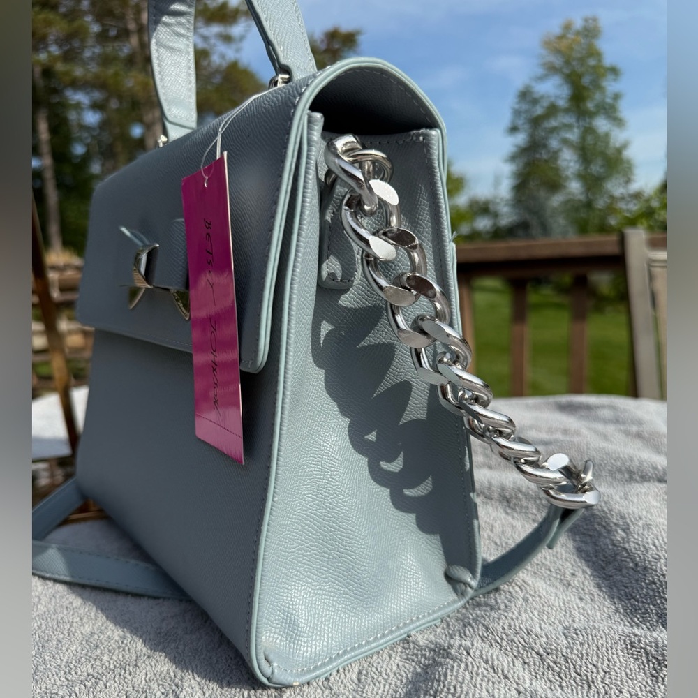 NWT! Betsy Johnson Devin Satchel Top Handle Crossbody Bag Blue Bow Chain Strap - Picture 5 of 13